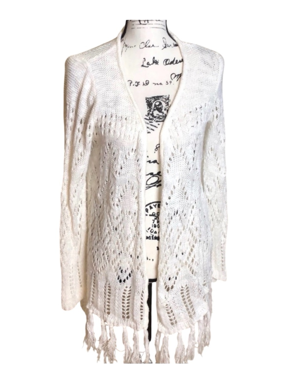 Women’s White Open Knit Cardigan Fringe Hem Long Sleeve Boho Sweater Size L